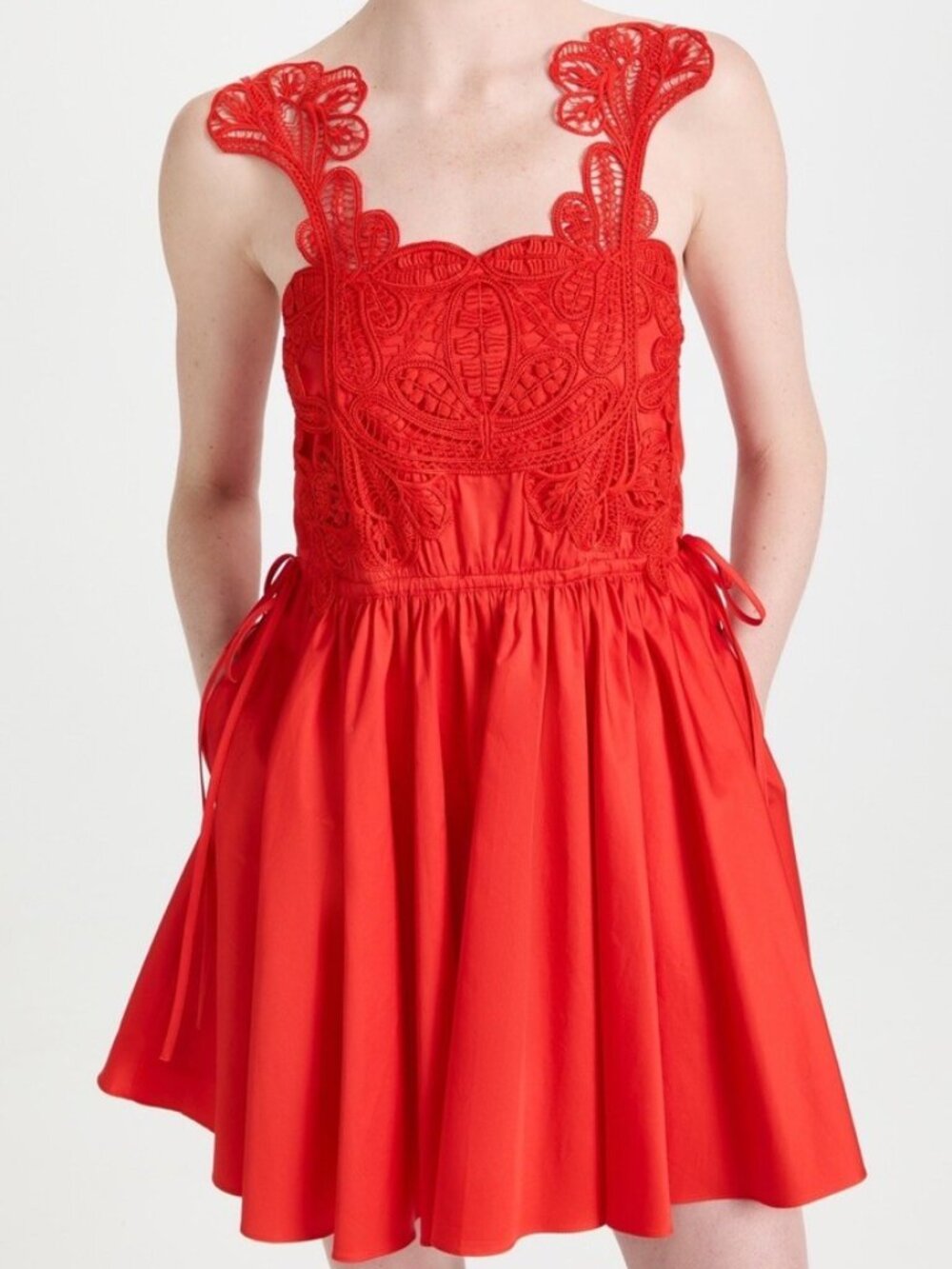 Self-Portrait Red Lace Macrame Organic Cotton Sleeveless Minidress Pockets Sz 2